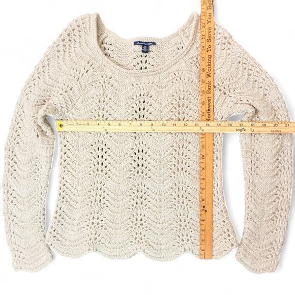 American Eagle 2012 Open Crochet Sweater S Y2K Boho Cottage Wool Scalloped Cream - Picture 8 of 9